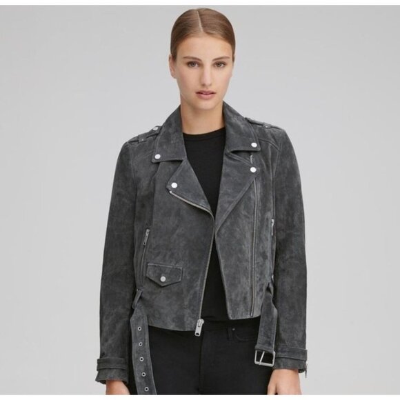 Marc New York by Andrew Marc sz. M Suede Genuine Leather Belted Moto Jacket Coat - Picture 6 of 14